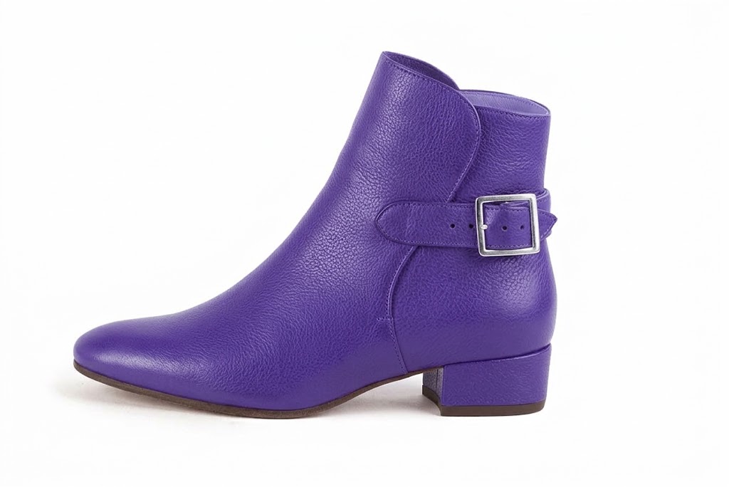 Sophisticated leather ankle boots detailed with an elegant back buckle and heel-strap finish for a distinct couture look, in violet purple leather with round toe and low block heel - Florence KOOIJMAN